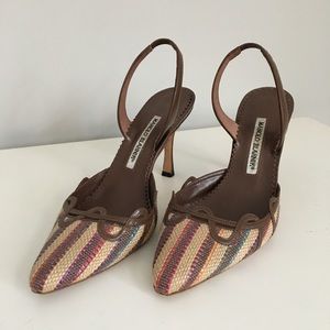 Manolo Blahnik tweed mid heel halter sling back